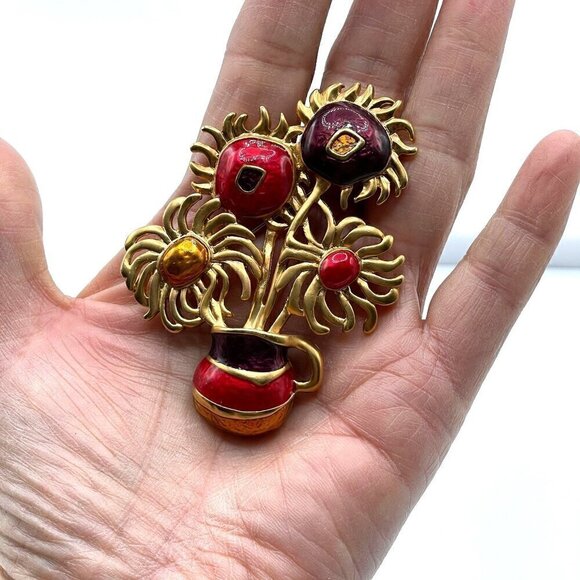 Vintage Yves Saint Laurent Avon 70s Van Gogh Sunflowers Enamel Gold Brooch Pin - Picture 2 of 7